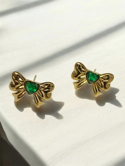 Elegant Anti-Tarnish Bow Earrings with Green Heart Design – Stylish & Lightweight Fashion Jewelry for Women & Girls